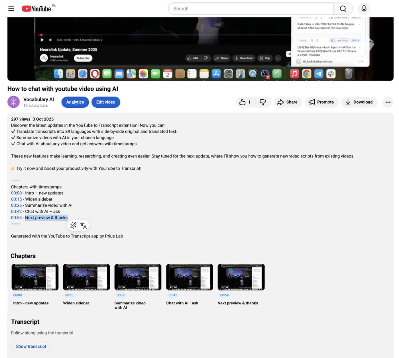 Create chapters for youtube videos in a click
