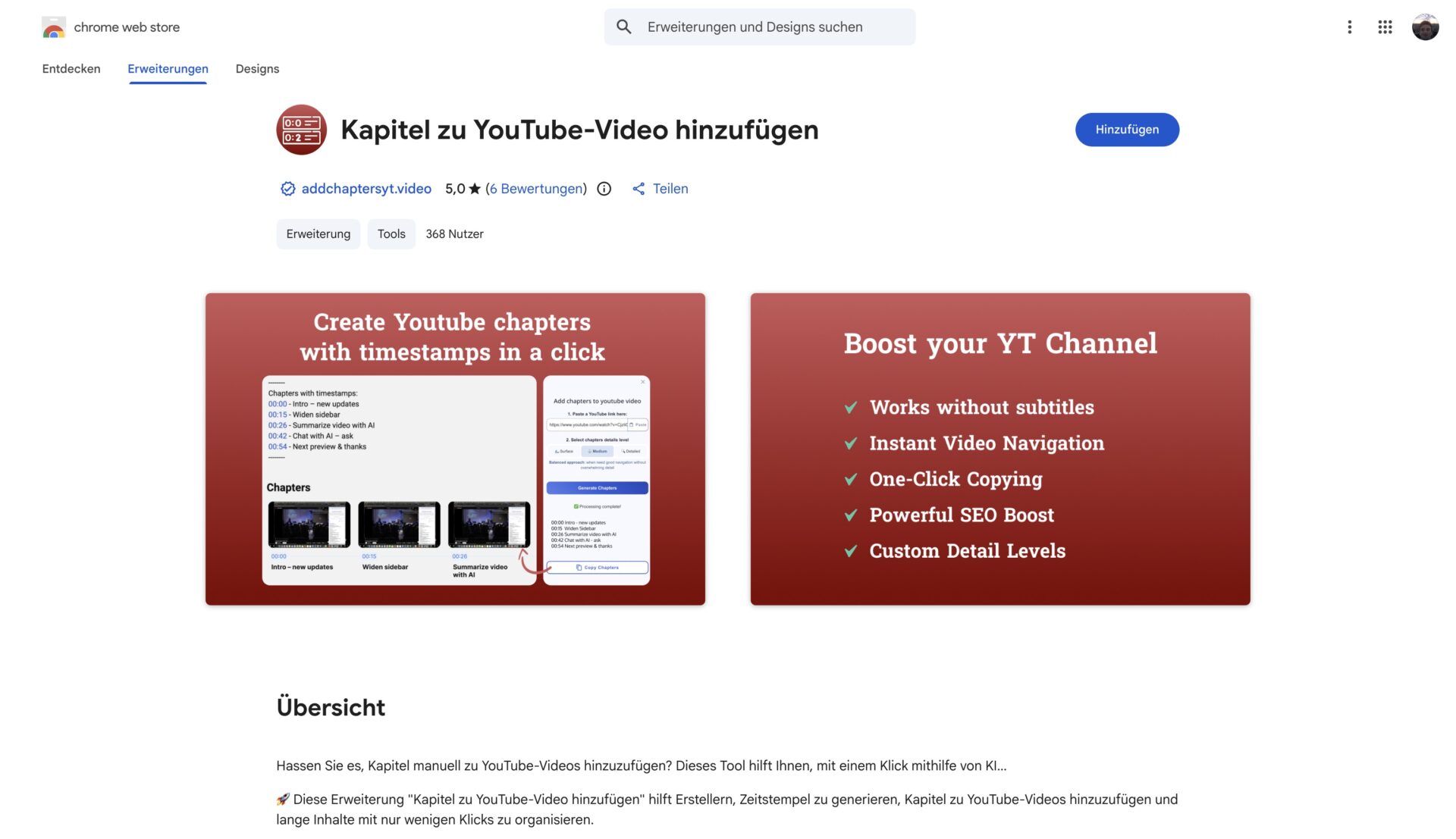 Chrome Web Store auf Deutsch mit der Schaltfläche Hinzufügen